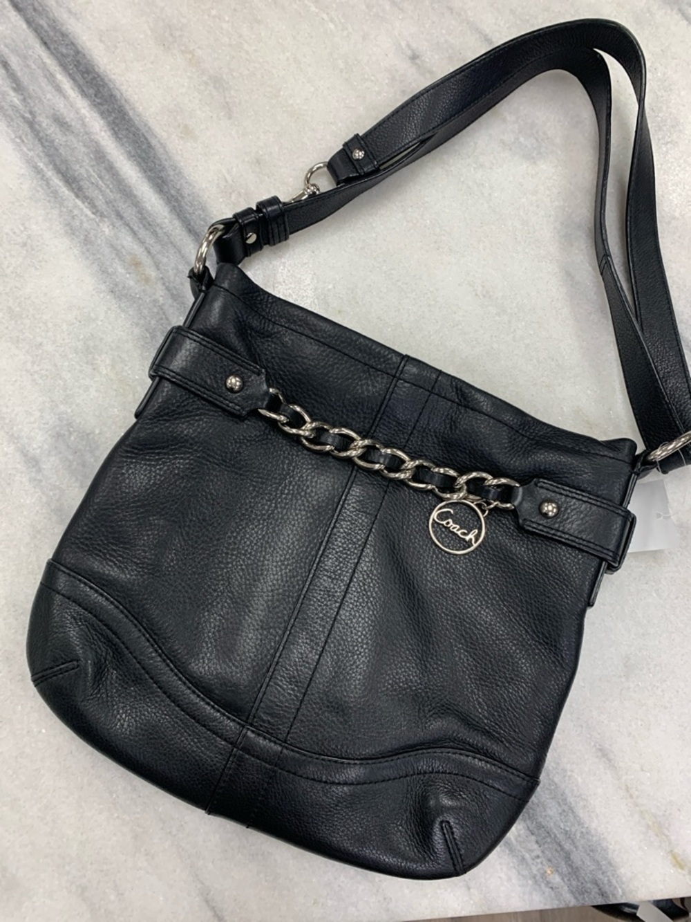 Coach Black Pebbled Leather Shoulder Bag with Chain Charm - Picture 1 of 8